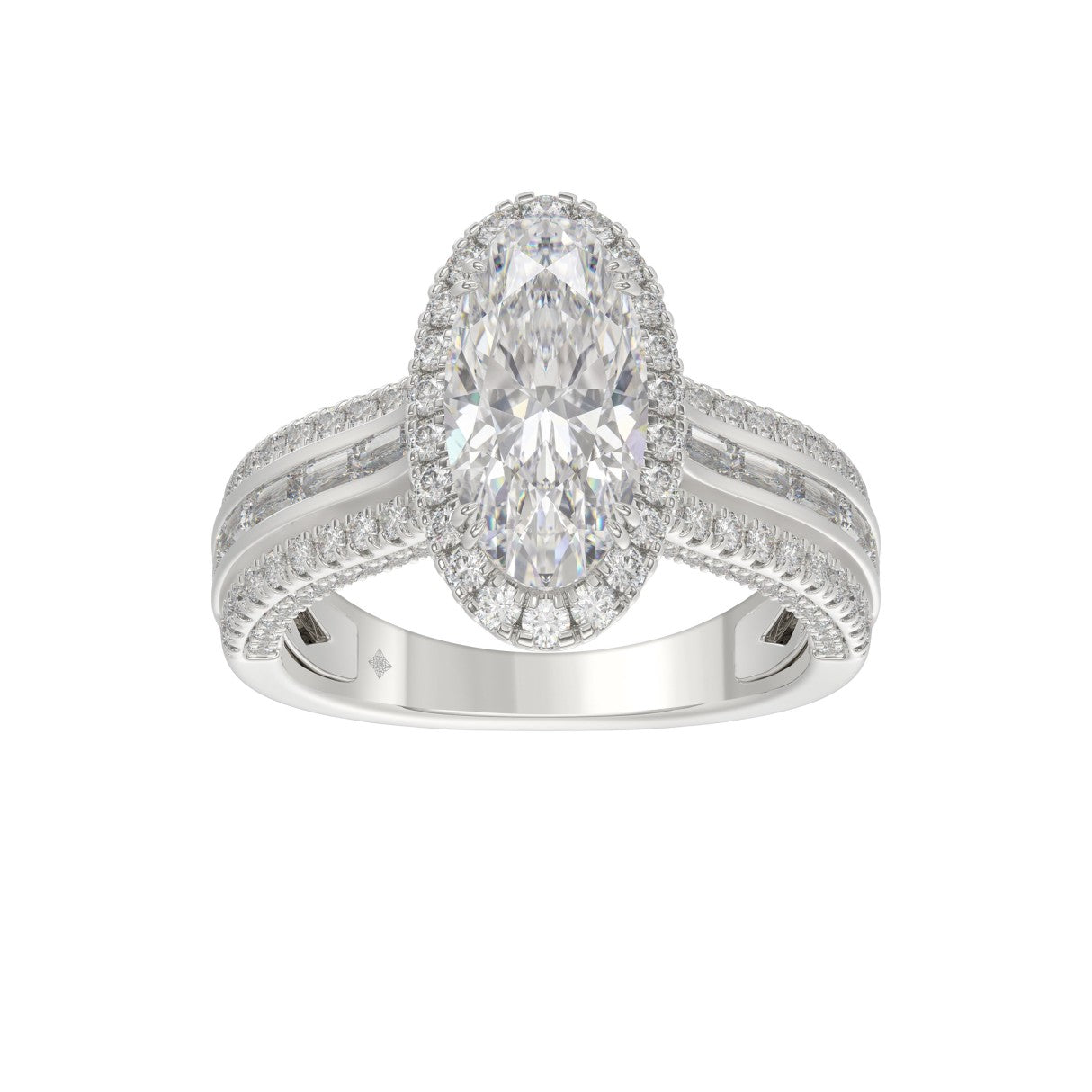3.00 CTW Elongated Oval Cut Lab-Grown Diamond Halo Engagement Ring in 14K White Gold with Channel Baguette & Pavé Band (2ct Center)