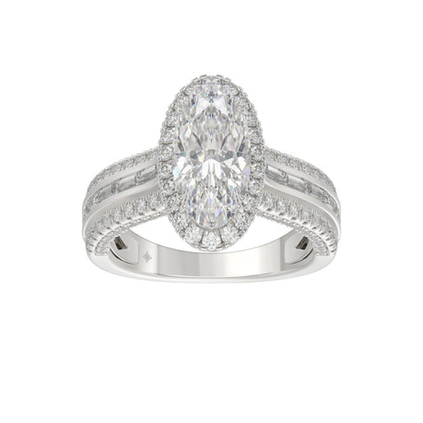 3.00 CTW Elongated Oval Cut Lab-Grown Diamond Halo Engagement Ring in 14K White Gold with Channel Baguette & Pavé Band (2ct Center)