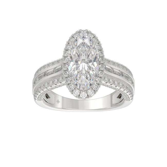 3.00 CTW Elongated Oval Cut Lab-Grown Diamond Halo Engagement Ring in 14K White Gold with Channel Baguette & Pavé Band (2ct Center)