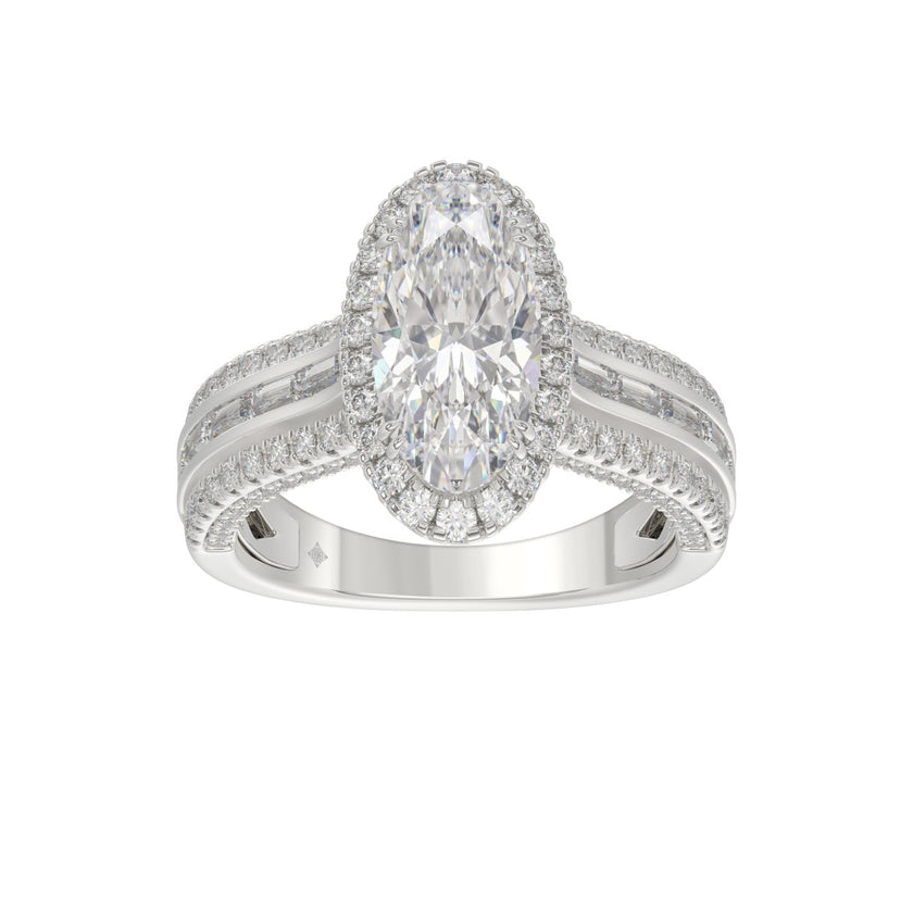 3.00 CTW Elongated Oval Cut Lab-Grown Diamond Halo Engagement Ring in 14K White Gold with Channel Baguette & Pavé Band (2ct Center)