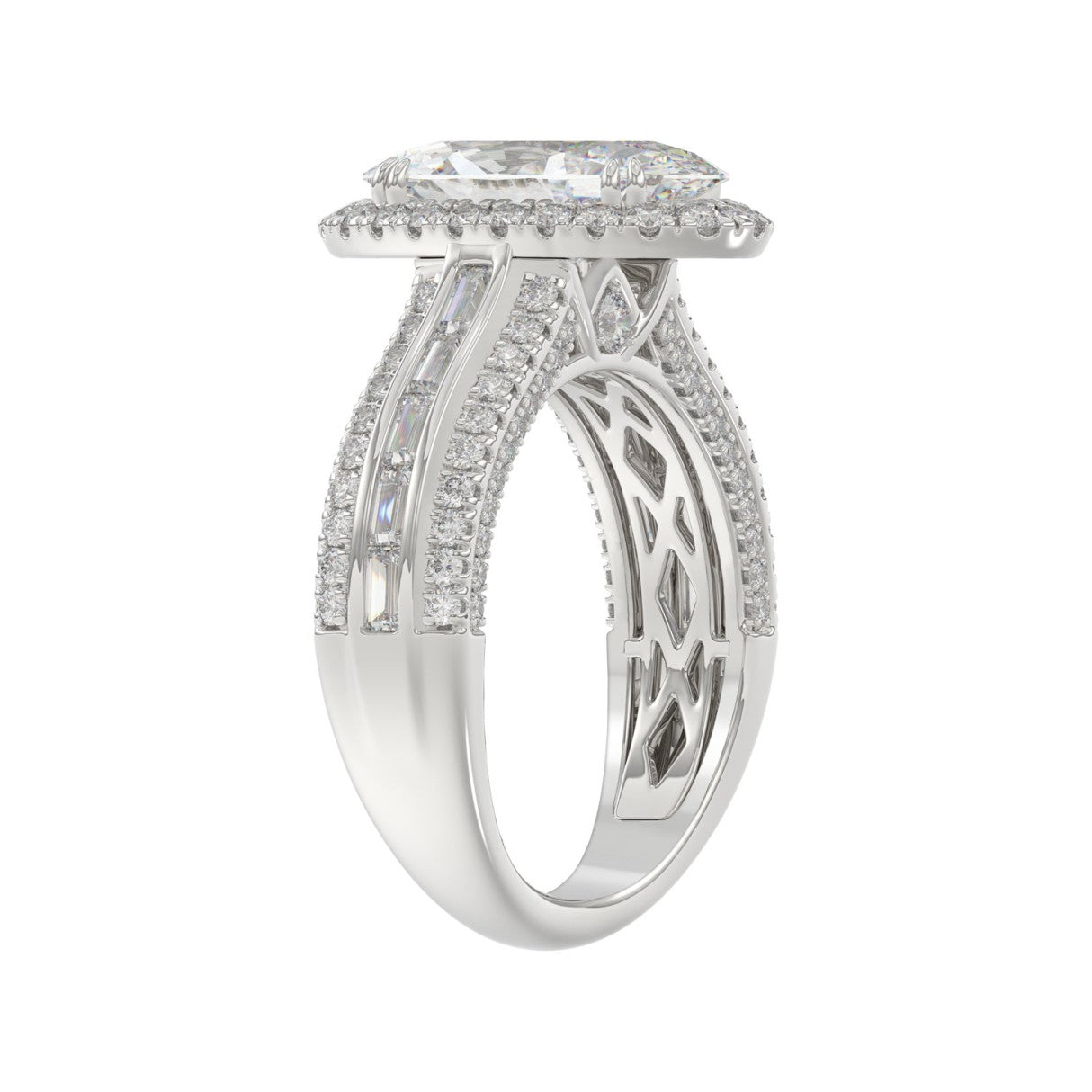 3.00 CTW Elongated Oval Cut Lab-Grown Diamond Halo Engagement Ring in 14K White Gold with Channel Baguette & Pavé Band (2ct Center)