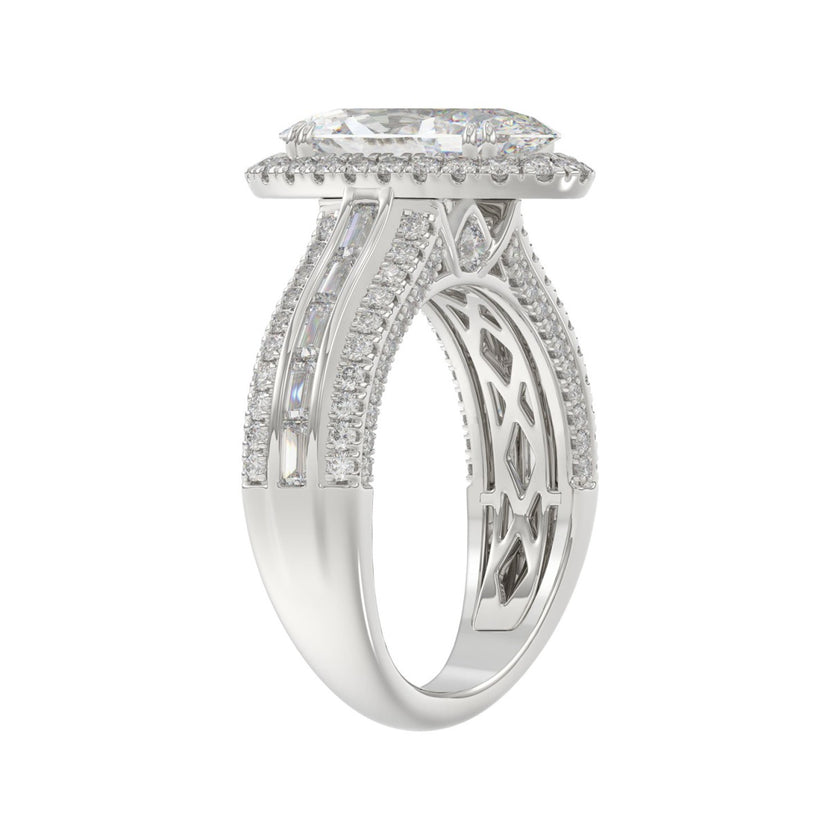 3.00 CTW Elongated Oval Cut Lab-Grown Diamond Halo Engagement Ring in 14K White Gold with Channel Baguette & Pavé Band (2ct Center)