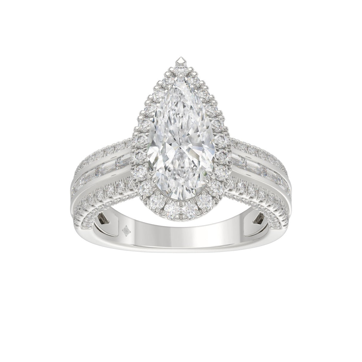 3.00 CTW Elongated Pear Cut Lab-Grown Diamond Halo Engagement Ring in 14K White Gold with Channel Baguette & Pavé Band (2ct Center)