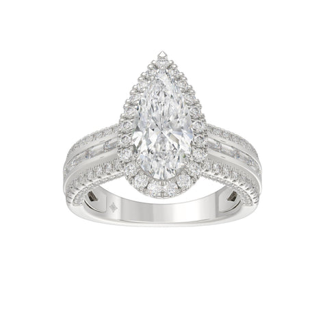 3.00 CTW Elongated Pear Cut Lab-Grown Diamond Halo Engagement Ring in 14K White Gold with Channel Baguette & Pavé Band (2ct Center)