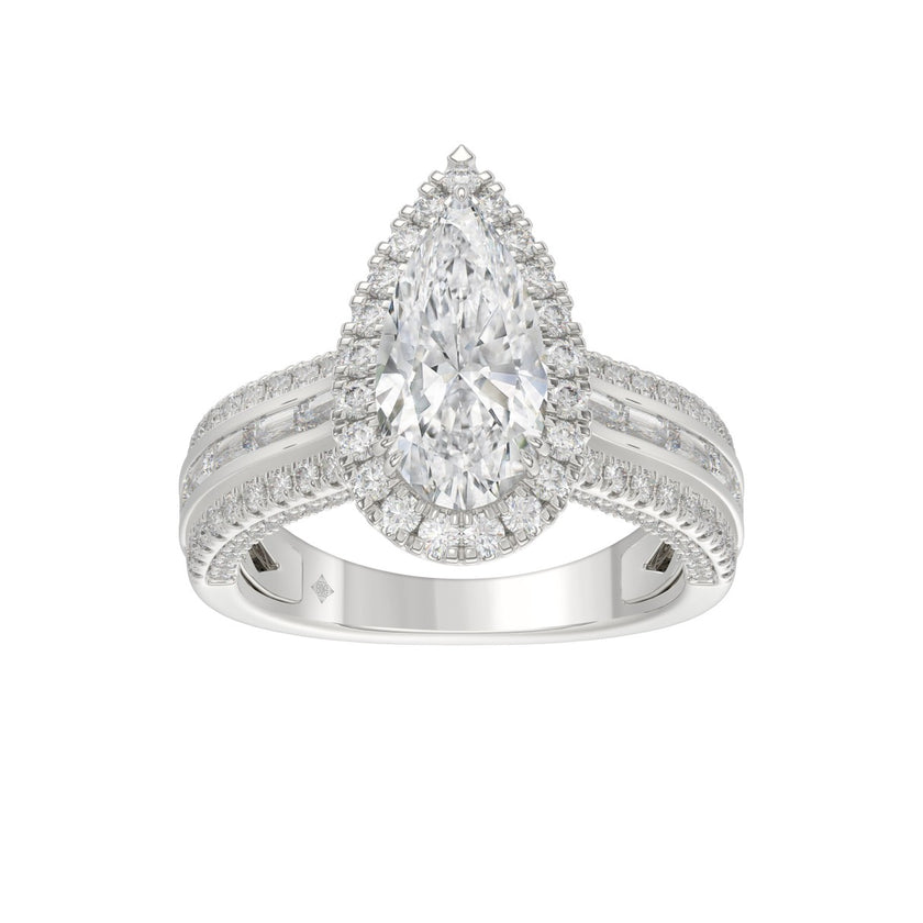 3.00 CTW Elongated Pear Cut Lab-Grown Diamond Halo Engagement Ring in 14K White Gold with Channel Baguette & Pavé Band (2ct Center)