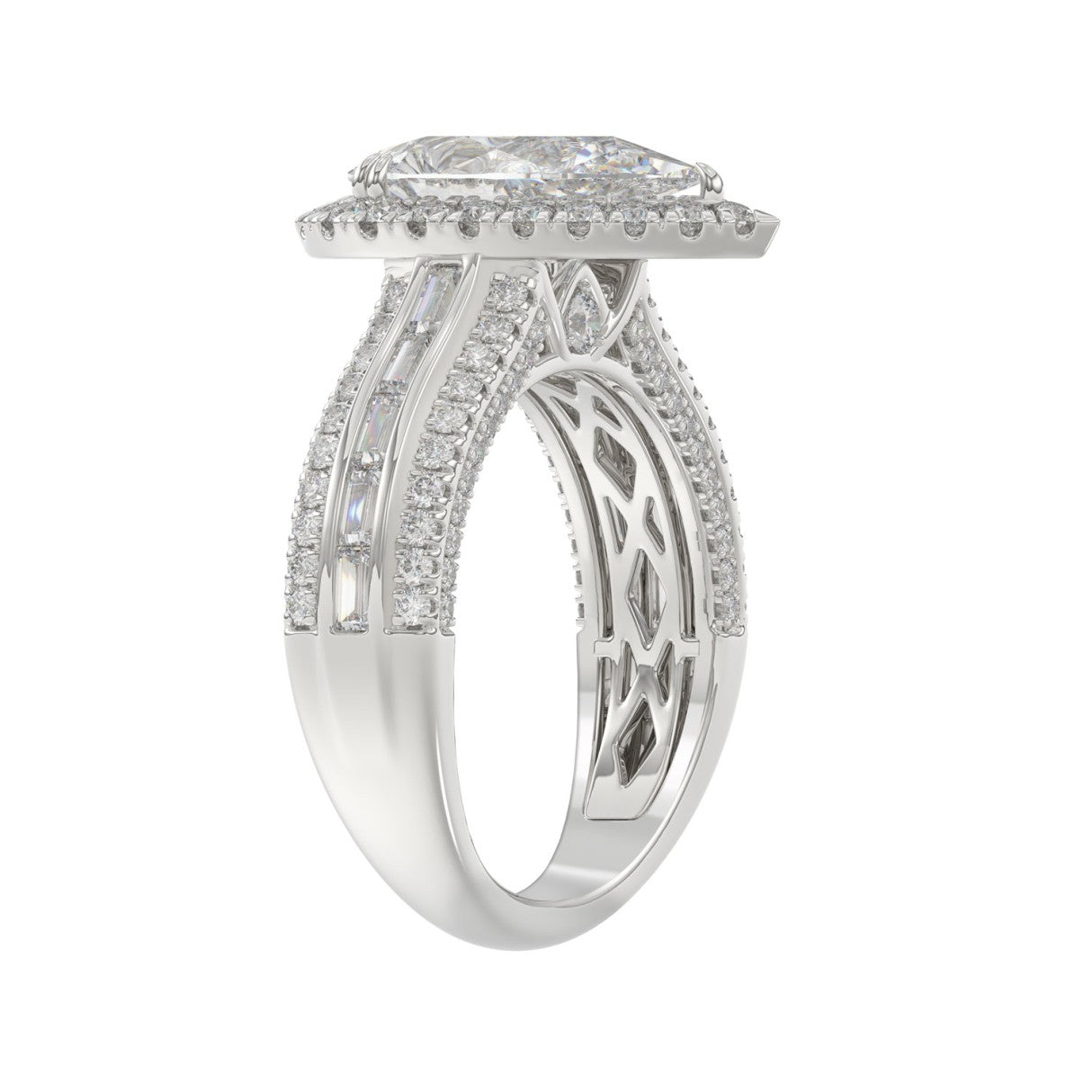 3.00 CTW Elongated Pear Cut Lab-Grown Diamond Halo Engagement Ring in 14K White Gold with Channel Baguette & Pavé Band (2ct Center)