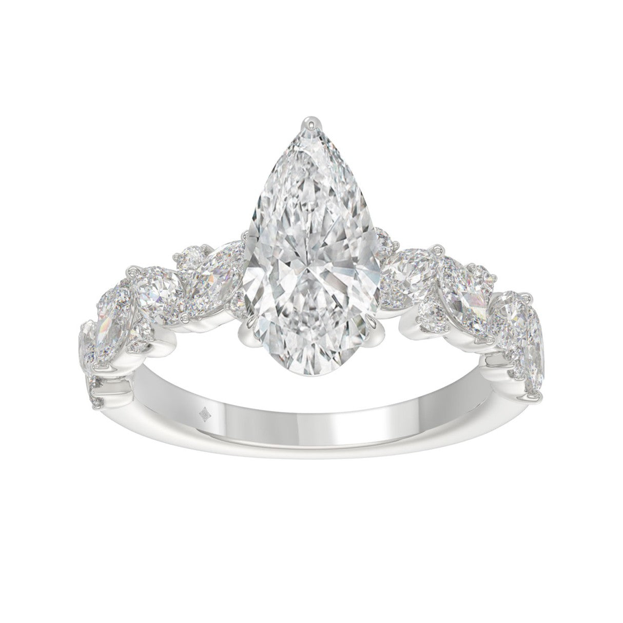 3ctw Pear-Cut Lab Diamond Engagement Ring in 14K White Gold with Marquise & Round Floral Vine Band (2ct Elongated Center)