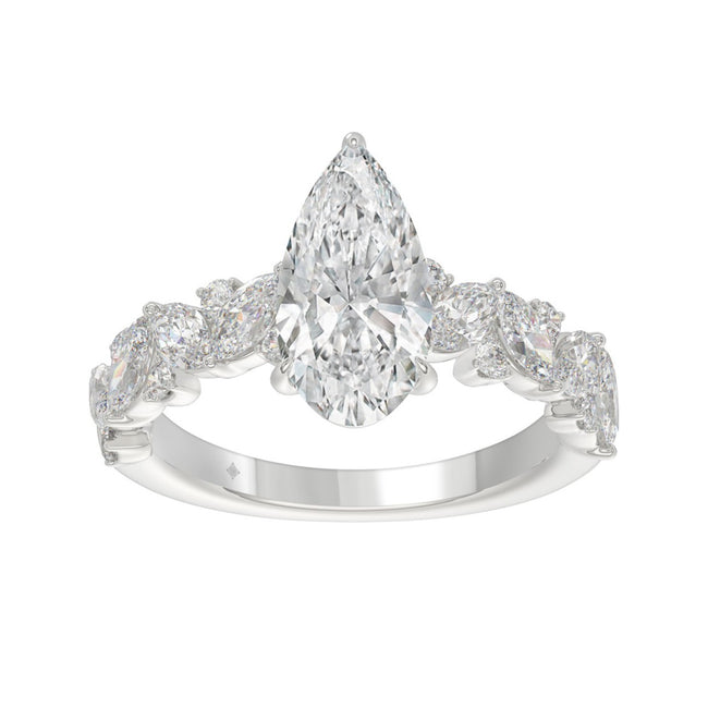 3ctw Pear-Cut Lab Diamond Engagement Ring in 14K White Gold with Marquise & Round Floral Vine Band (2ct Elongated Center)