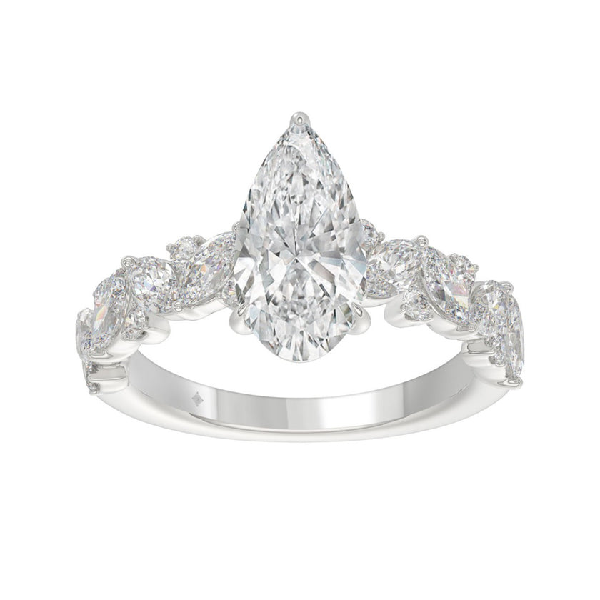 3ctw Pear-Cut Lab Diamond Engagement Ring in 14K White Gold with Marquise & Round Floral Vine Band (2ct Elongated Center)