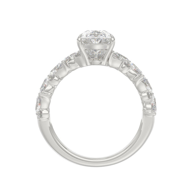 3ctw Pear-Cut Lab Diamond Engagement Ring in 14K White Gold with Marquise & Round Floral Vine Band (2ct Elongated Center)