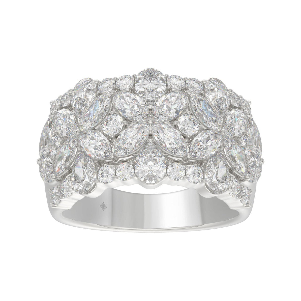 3ct Floral Cluster Lab-Grown Diamond Wide Band in 14K White Gold (Marquise, Pear & Round Cut Statement Ring)