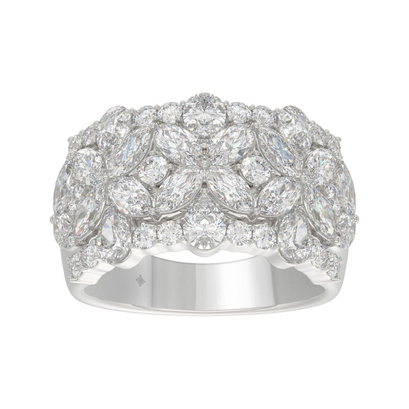 3ct Floral Cluster Lab-Grown Diamond Wide Band in 14K White Gold (Marquise, Pear & Round Cut Statement Ring)