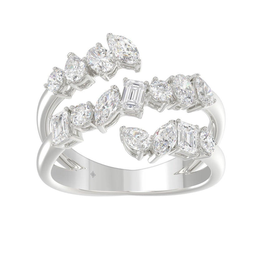 1 1/2 CTW Mixed Shape Multi-Row Lab Diamond Bypass Ring in 14K White Gold (Round, Marquise, Pear, Emerald & Oval)