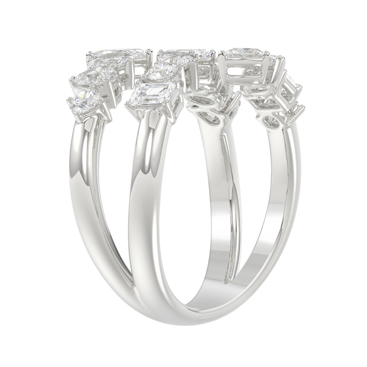1 1/2 CTW Mixed Shape Multi-Row Lab Diamond Bypass Ring in 14K White Gold (Round, Marquise, Pear, Emerald & Oval)