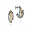 The Bujukan Collection Two-Tone Multi-Row Beaded J Hoop Earrings in Sterling Silver and 14K Gold