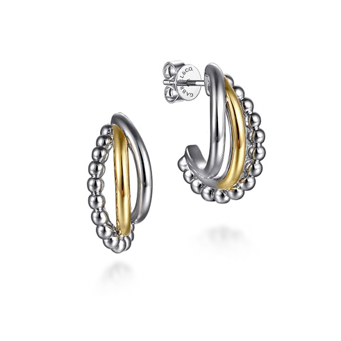 The Bujukan Collection Two-Tone Multi-Row Beaded J Hoop Earrings in Sterling Silver and 14K Gold