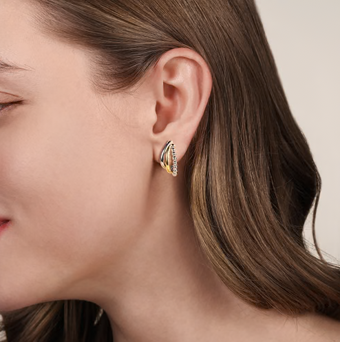 The Bujukan Collection Two-Tone Multi-Row Beaded J Hoop Earrings in Sterling Silver and 14K Gold