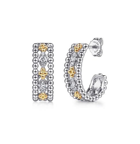 The Bujukan Collection Two-Tone Beaded White Sapphire J Hoop Earrings in Sterling Silver and 14K Gold