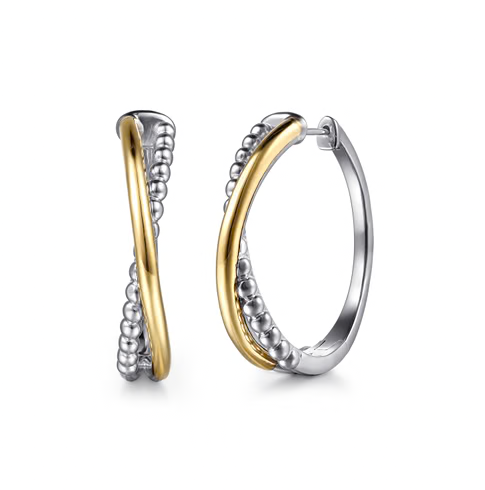 The Bujukan Collection Two-Tone Crossover Beaded Hoop Earrings in Sterling Silver and 14K Gold