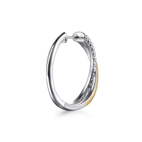 The Bujukan Collection Two-Tone Crossover Beaded Hoop Earrings in Sterling Silver and 14K Gold