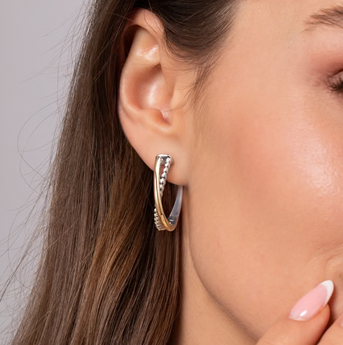 The Bujukan Collection Two-Tone Crossover Beaded Hoop Earrings in Sterling Silver and 14K Gold