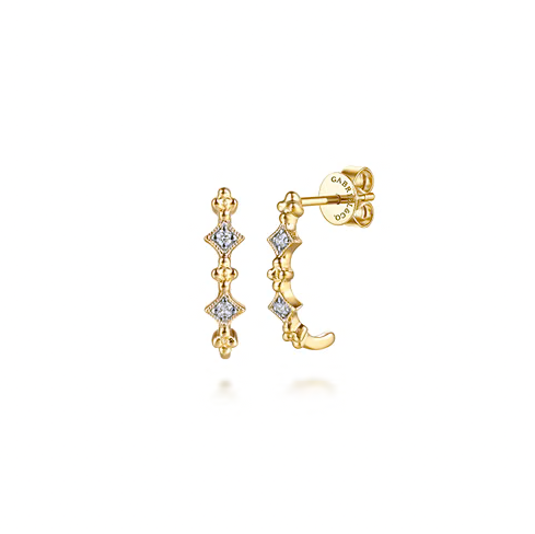 The Bujukan Collection Diamond Clover Station Beaded J Hoop Earrings in 14K Yellow Gold