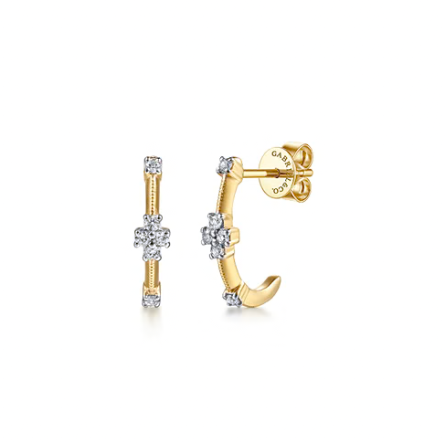 The Bujukan Collection White Sapphire Floral Cluster J Hoop Earrings in 14K Yellow Gold