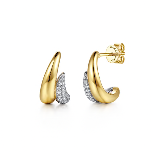 The Bujukan Collection Two-Tone Sculptural Spike Pavé Diamond J Hoop Earrings in 14K Gold
