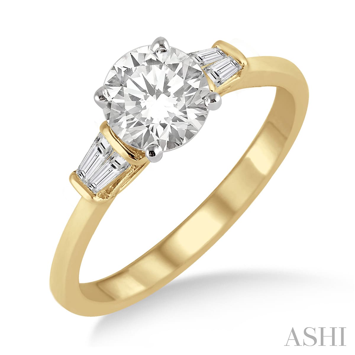 Elegant Design Round and Baguette Diamond Engagement Ring in 14K Yellow Gold | Gemmas Jewelers