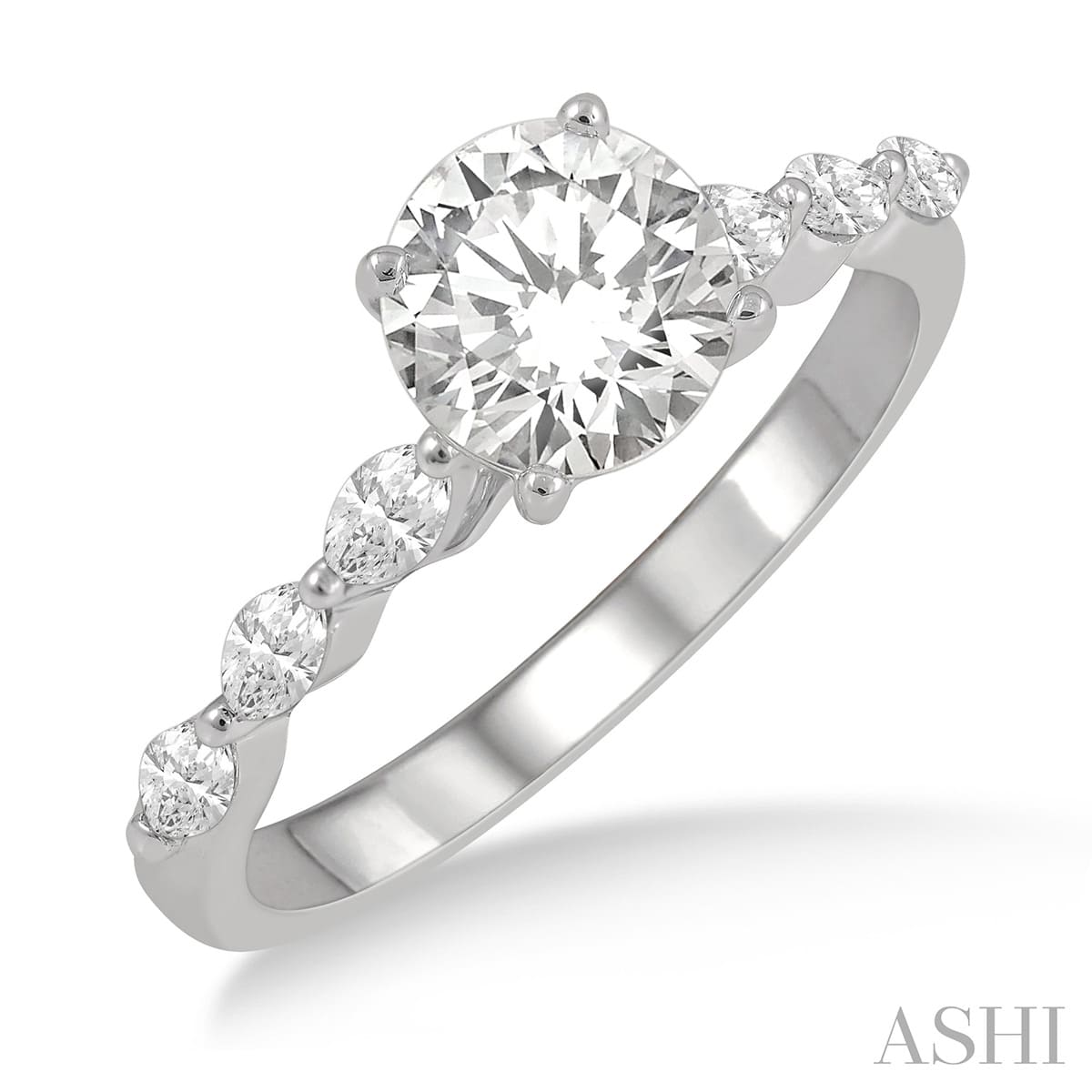 Elegant Round and Marquise Cut Engagement Ring in 14K White Gold | Gemma's Jewelers