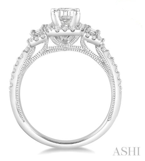 Emerald Center Baguette and Round Diamond Halo Engagement Ring in 14K White Gold | Gemmas Jewelers