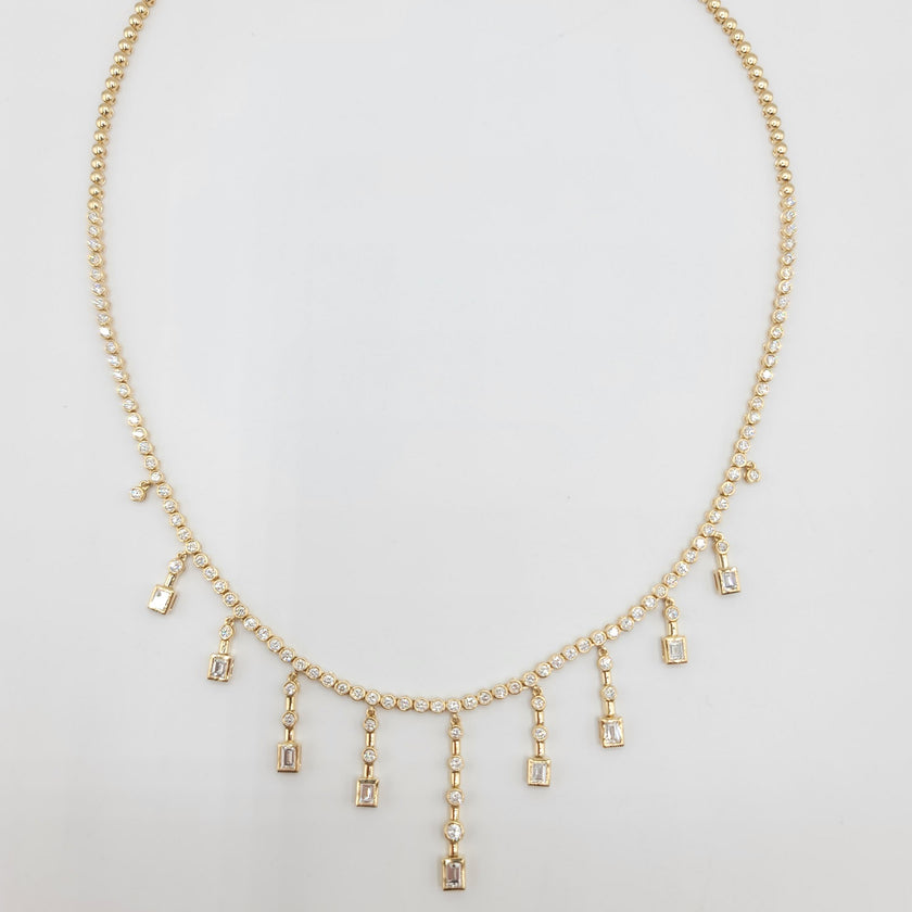 Exquisite One of a Kind Diamond Tennis Necklace with Sparkling Emerald Cut Tassel Drops | Gemma's Jewelers