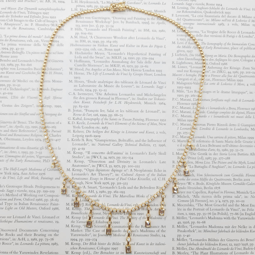 Exquisite One of a Kind Diamond Tennis Necklace with Sparkling Emerald Cut Tassel Drops  | Gemma's Jewelers 
