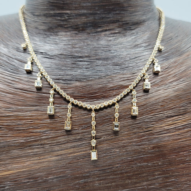 Exquisite One of a Kind Diamond Tennis Necklace with Sparkling Emerald Cut Tassel Drops | Gemma's Jewelers