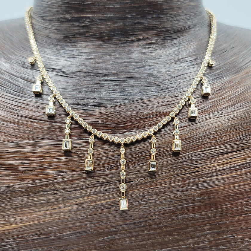 Exquisite One of a Kind Diamond Tennis Necklace with Sparkling Emerald Cut Tassel Drops | Gemma's Jewelers