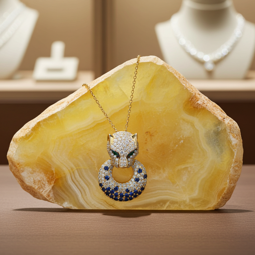 Vintage Inspired Pave Diamond Panther EFFY Drop Necklace with Emerald Eyes in 14K