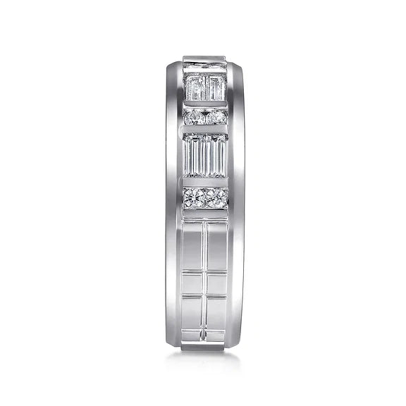 14K White Gold Diamond Mens Wedding Ring in Sand Blast Finish