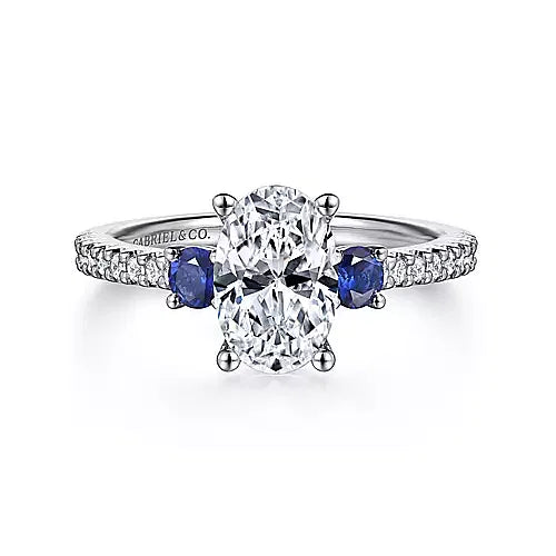 Incredible Three Stone Sapphire and Oval Diamond Engagement Ring in 14K Gold