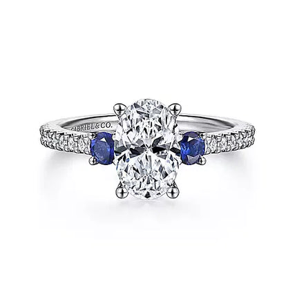 Incredible Three Stone Sapphire and Oval Diamond Engagement Ring in 14K Gold