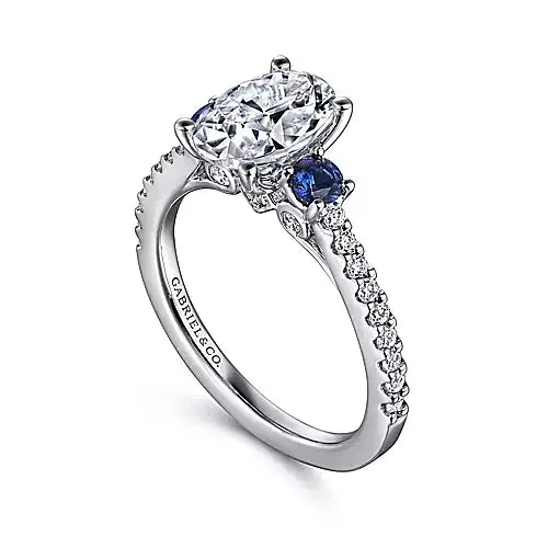 Incredible Three Stone Sapphire and Oval Diamond Engagement Ring in 14K Gold