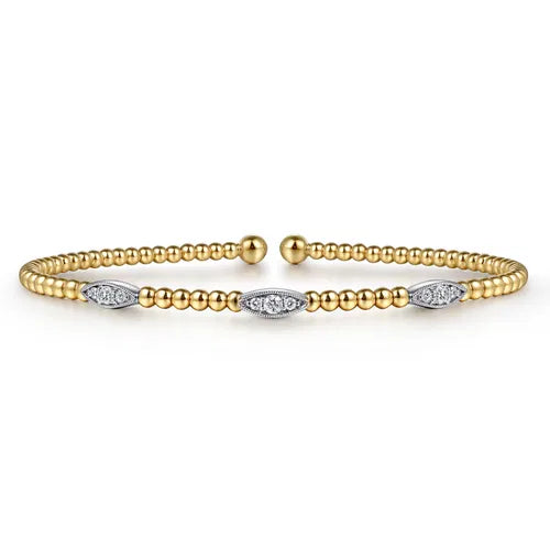 14K White-Yellow Gold Bujukan Bead Cuff Bracelet with Diamond Filled Marquise Stations