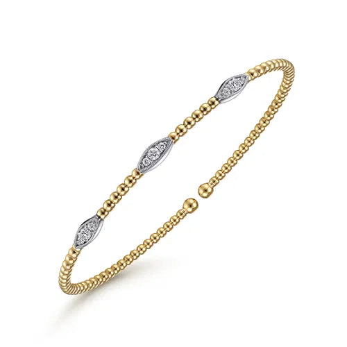 14K White-Yellow Gold Bujukan Bead Cuff Bracelet with Diamond Filled Marquise Stations