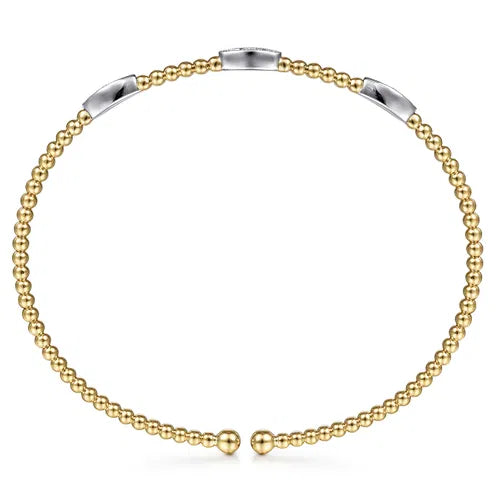 14K White-Yellow Gold Bujukan Bead Cuff Bracelet with Diamond Filled Marquise Stations
