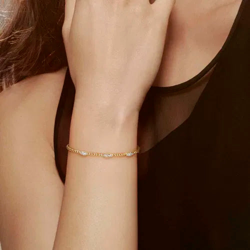 14K White-Yellow Gold Bujukan Bead Cuff Bracelet with Diamond Filled Marquise Stations