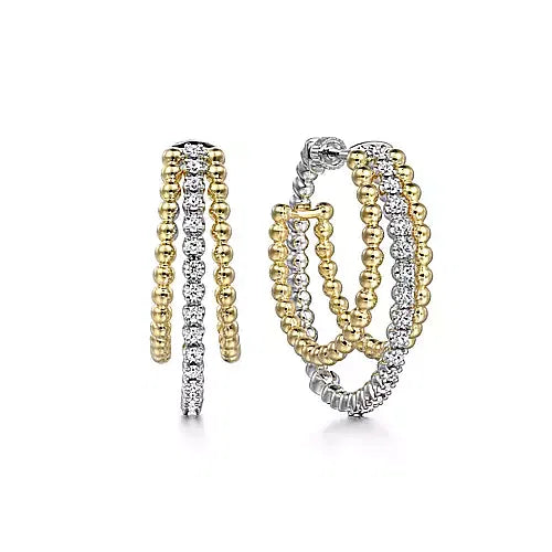 14K White-Yellow Gold Diamond Bujukan Intricate Hoop Earrings