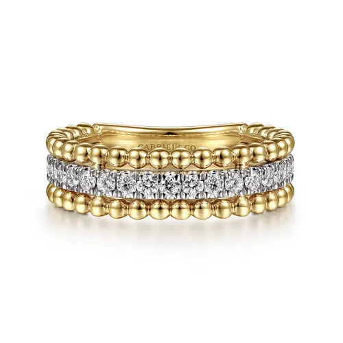 14K White-Yellow Gold Three Row Diamond and Bujukan Bead Ring