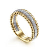14K White-Yellow Gold Three Row Diamond and Bujukan Bead Ring