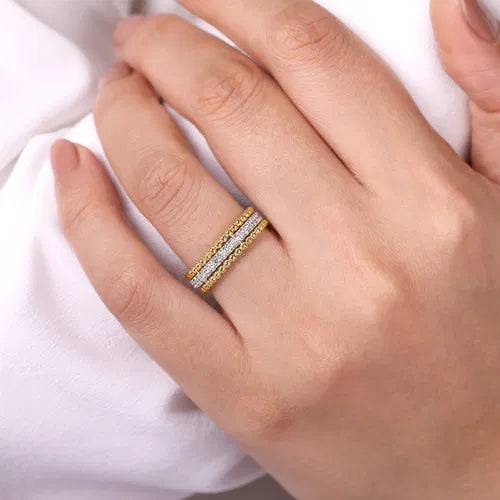 14K White-Yellow Gold Three Row Diamond and Bujukan Bead Ring