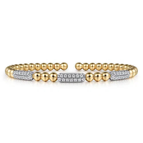 14K White and Yellow Gold Diamond Pave Three Station Bar Bujukan Beads Split Bangle Bracelet