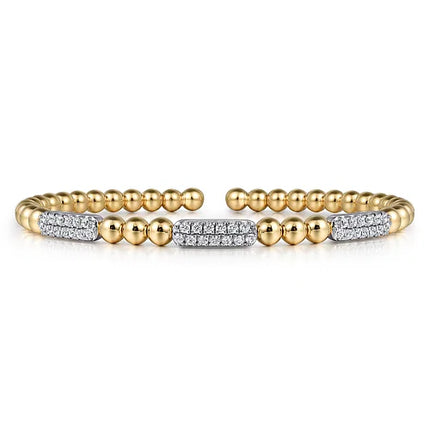 14K White and Yellow Gold Diamond Pave Three Station Bar Bujukan Beads Split Bangle Bracelet